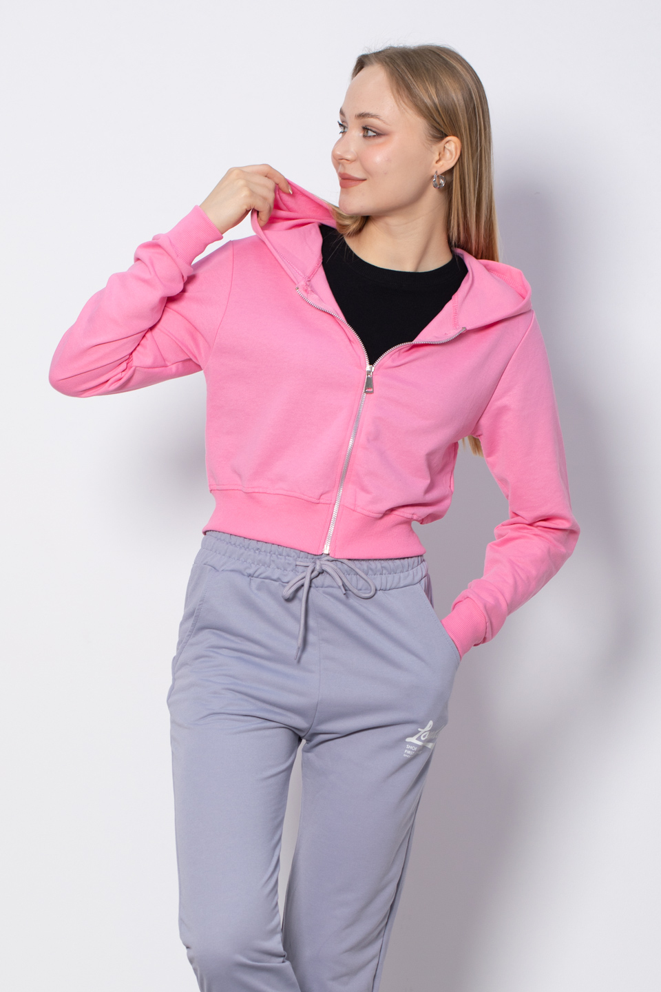 Kapüşonlu Kısa Sweatshirt - Pembe