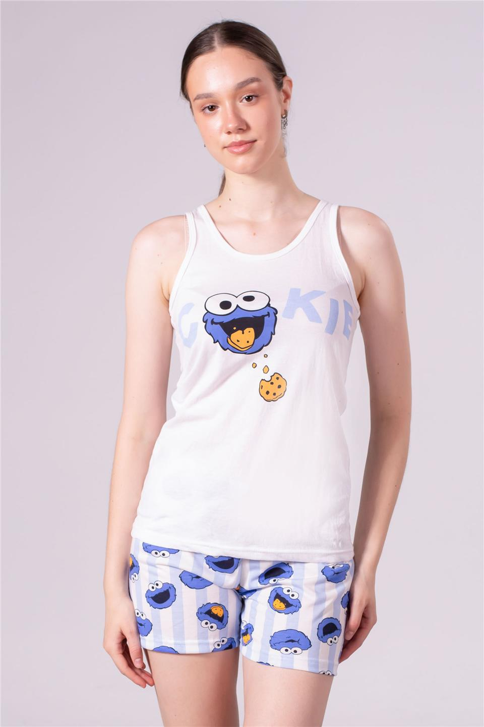 Karakter baskılı şortlu pijama takım-2023 Cookie Baskılı