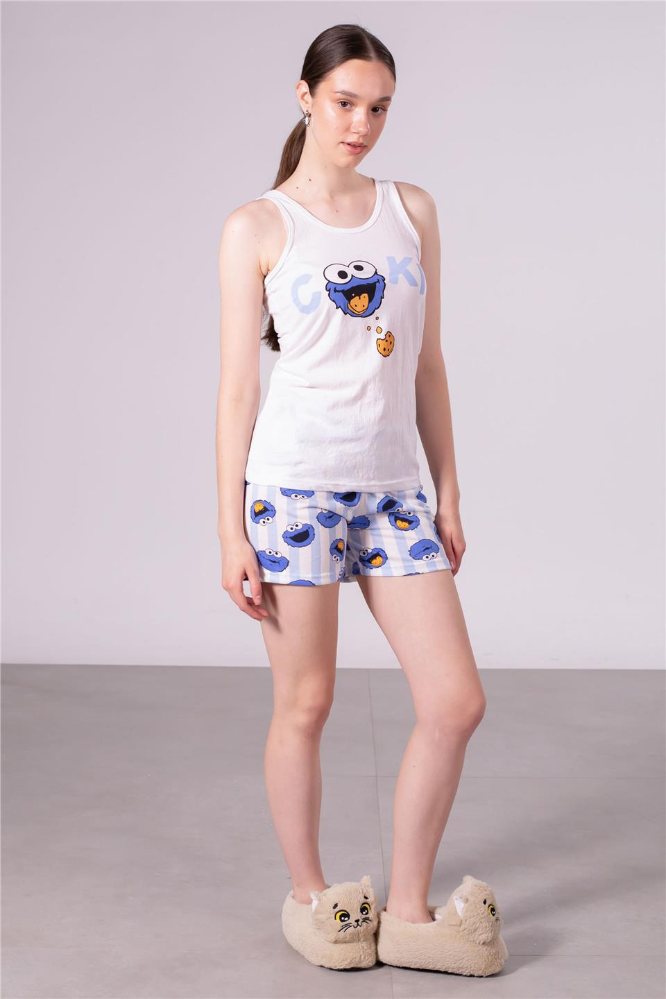 Karakter baskılı şortlu pijama takım-2023 Cookie Baskılı