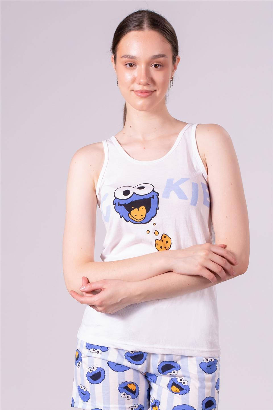 Karakter baskılı şortlu pijama takım-2023 Cookie Baskılı