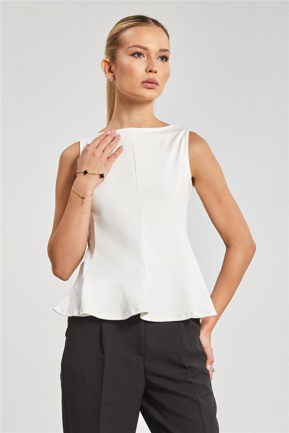 Kayık yaka kolsuz body-10798 Ekru