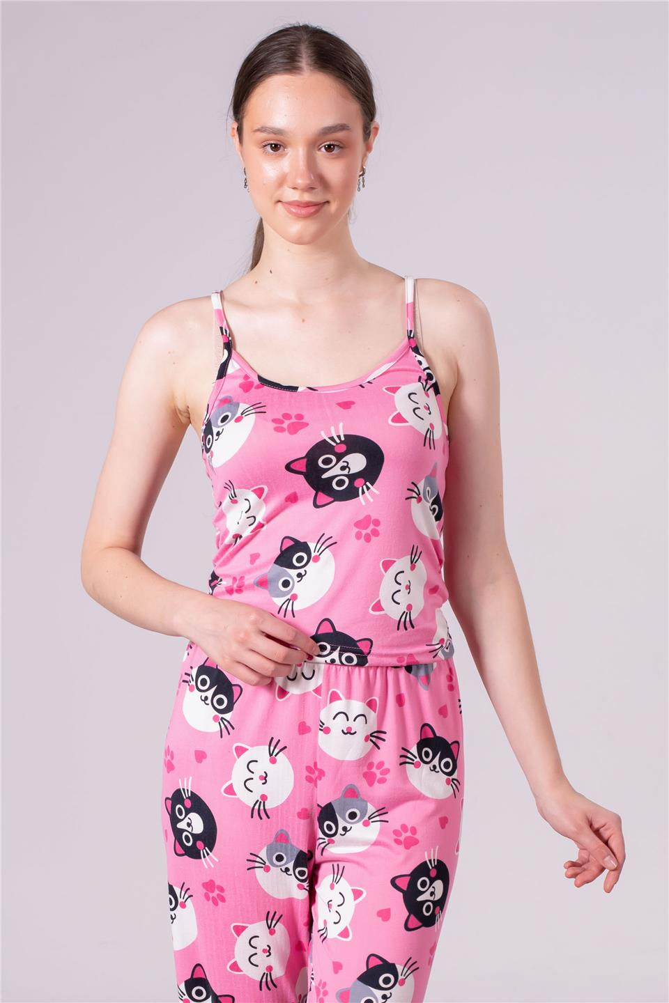 Kedi baskılı askılı pijama takımı-1453 Pembe