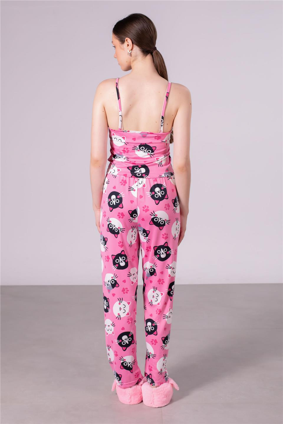 Kedi baskılı askılı pijama takımı-1453 Pembe
