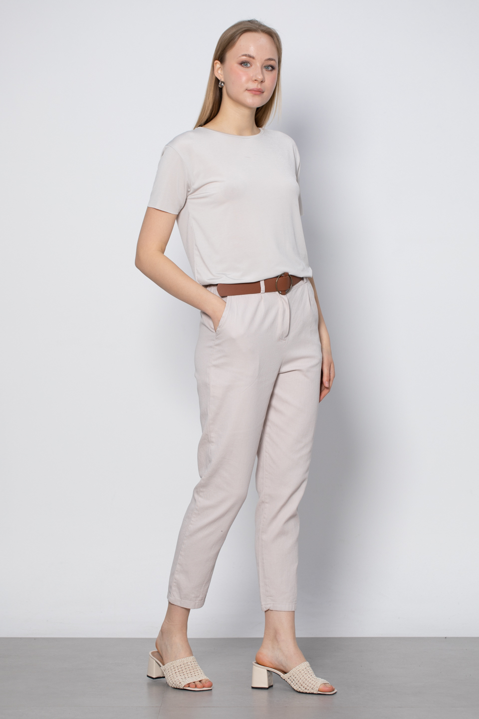 Kemerli havuç pantolon-5925 Taş