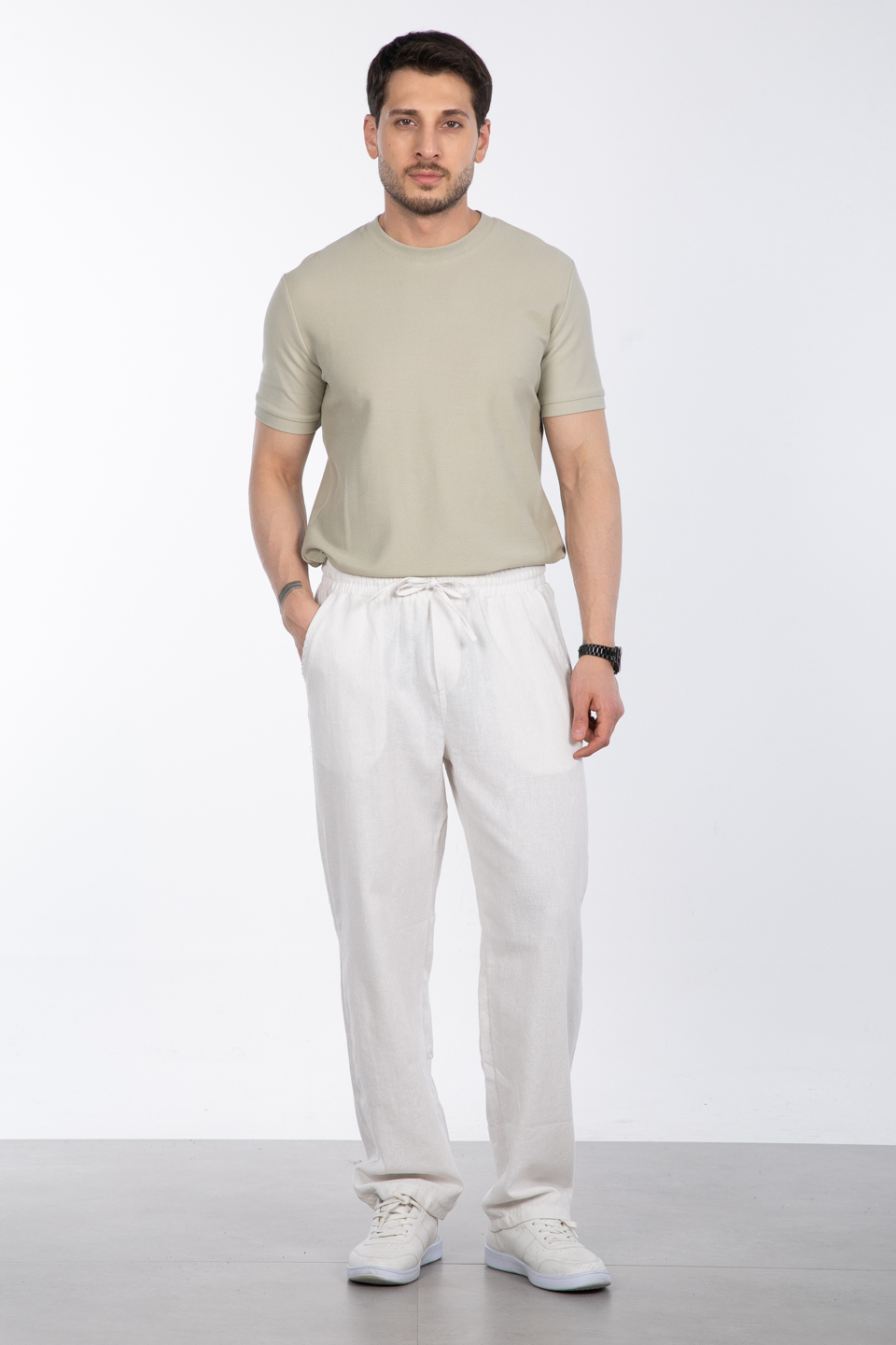 Keten bol paça pantolon-004 Ekru