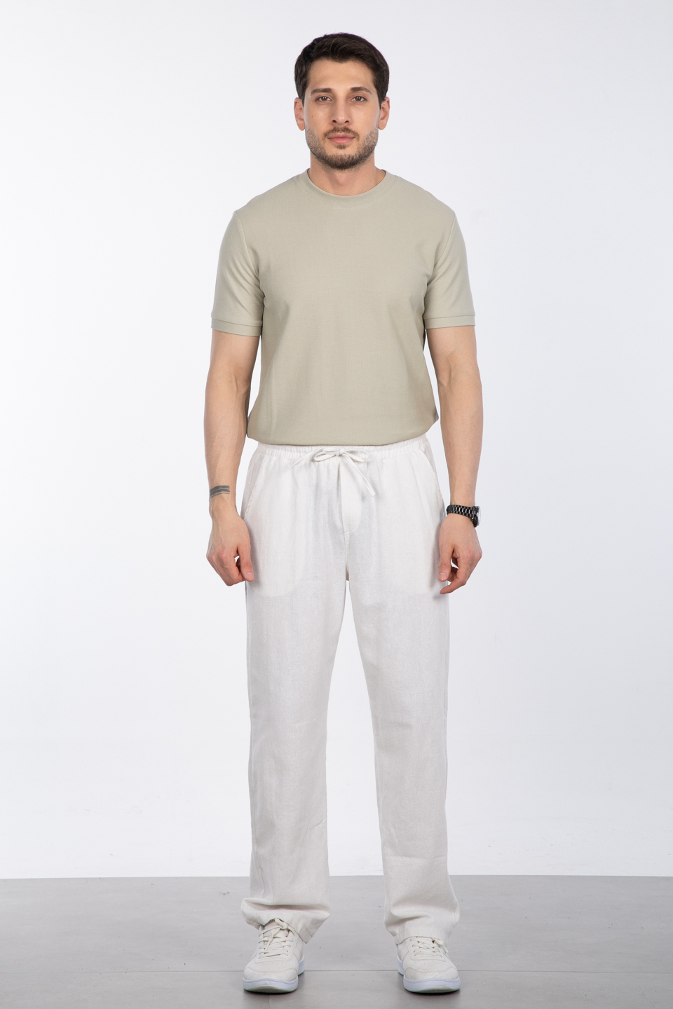 Keten bol paça pantolon-004 Ekru