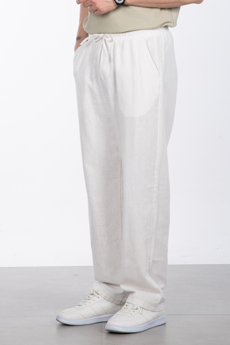 Keten bol paça pantolon-004 Ekru