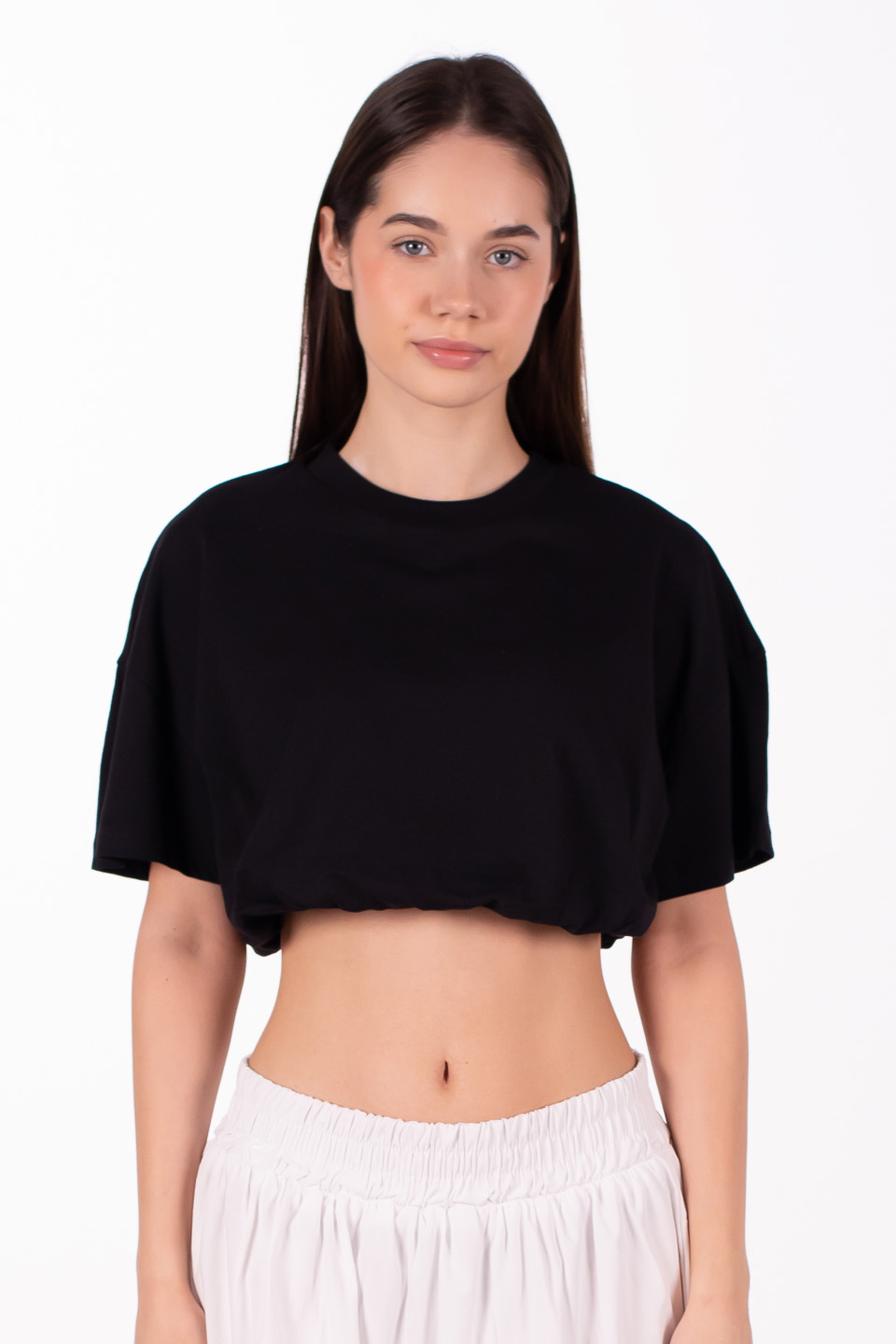 Kısa kollu crop balon t-shirt-5216 Siyah