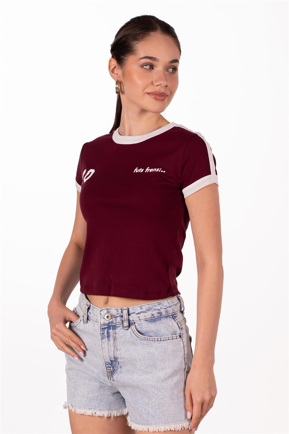 Kol garnili baskılı t-shirt-4334 Bordo