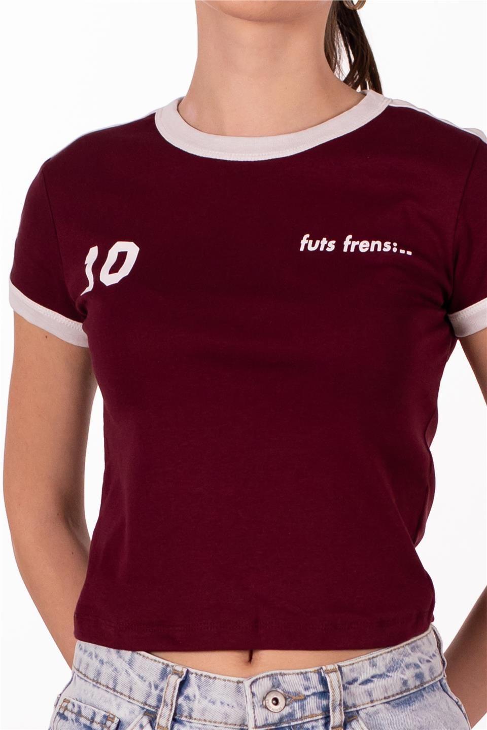 Kol garnili baskılı t-shirt-4334 Bordo