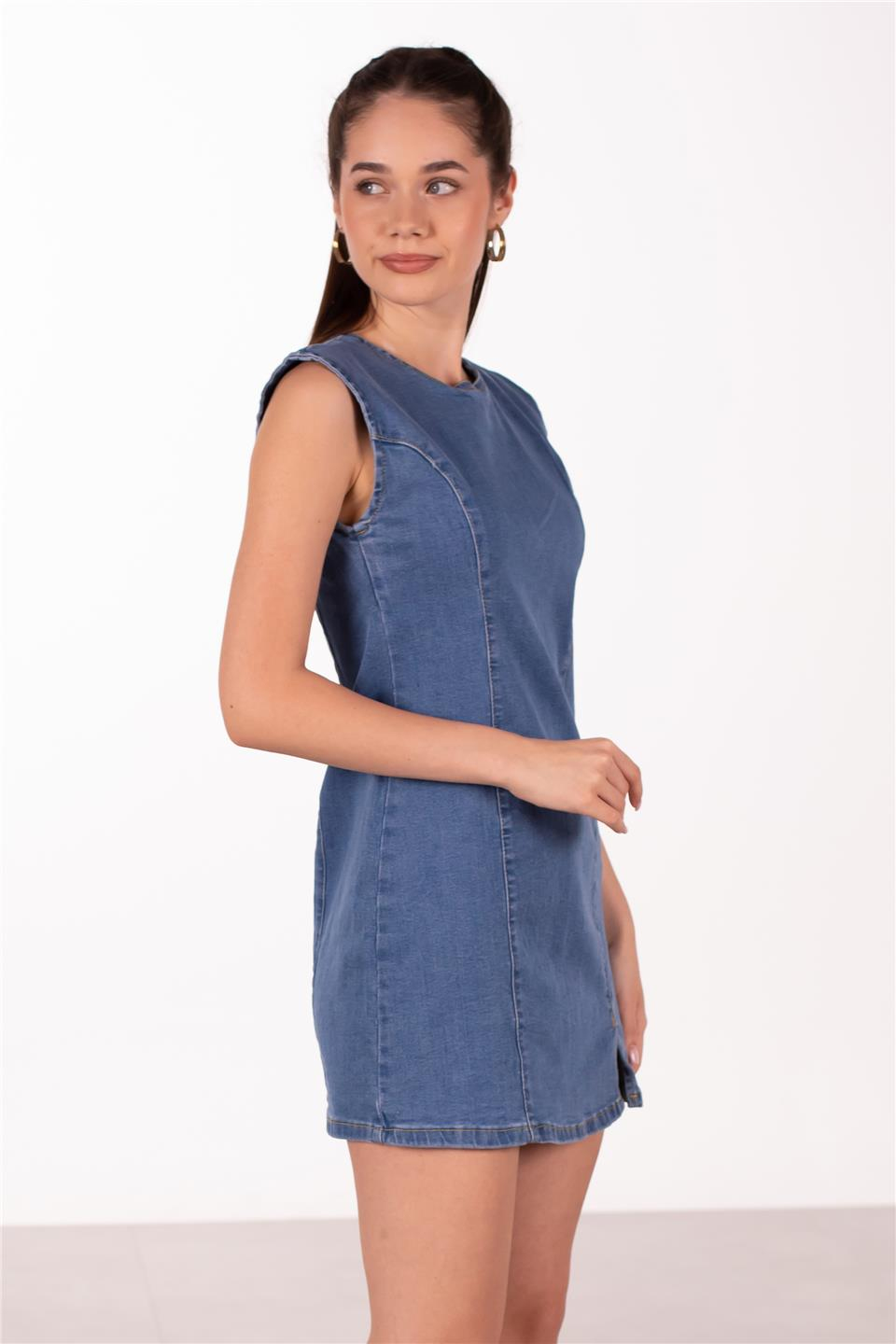 Kolsuz mini denim elbise-1001 Mavi