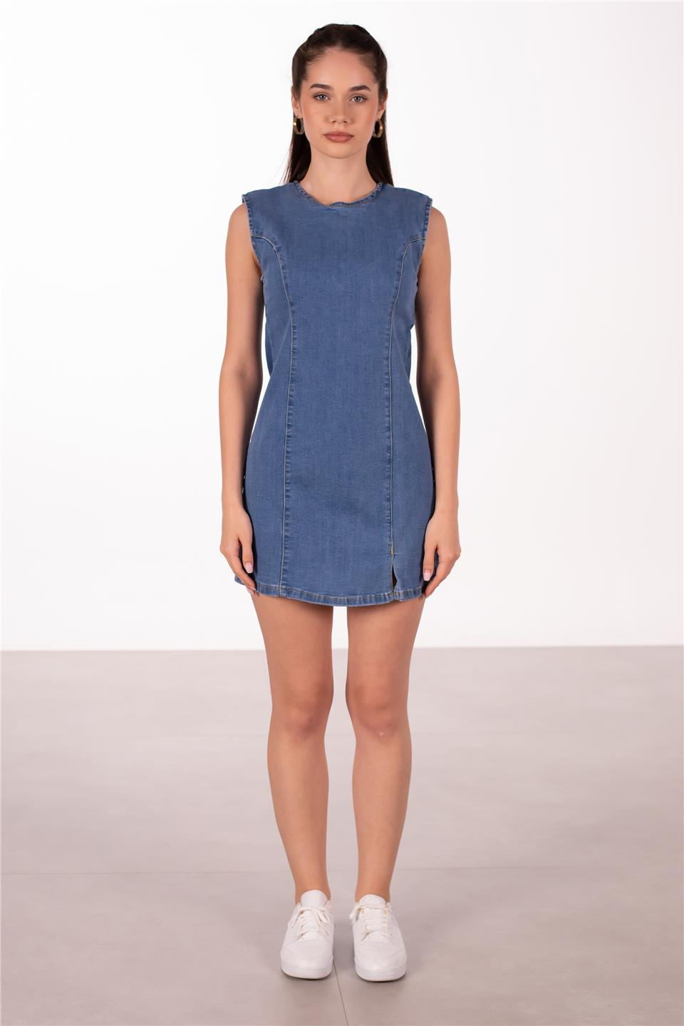 Kolsuz mini denim elbise-1001 Mavi