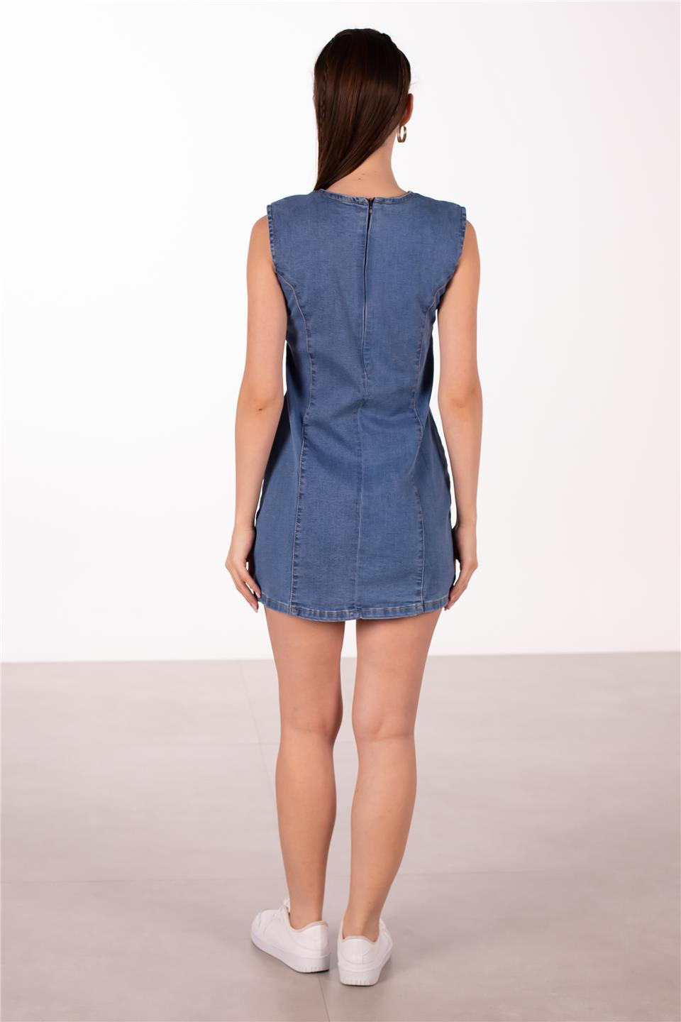 Kolsuz mini denim elbise-1001 Mavi