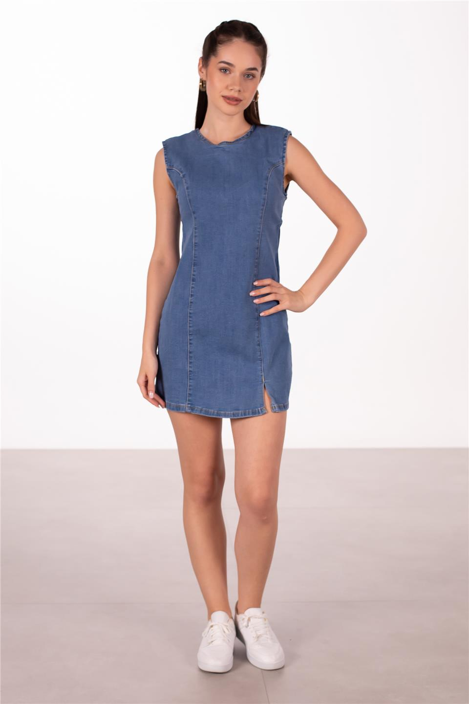 Kolsuz mini denim elbise-1001 Mavi