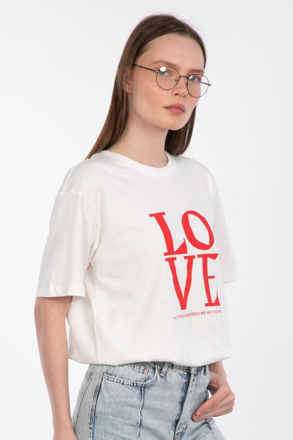 Love baskılı basıc t-shirt-3088 Beyaz