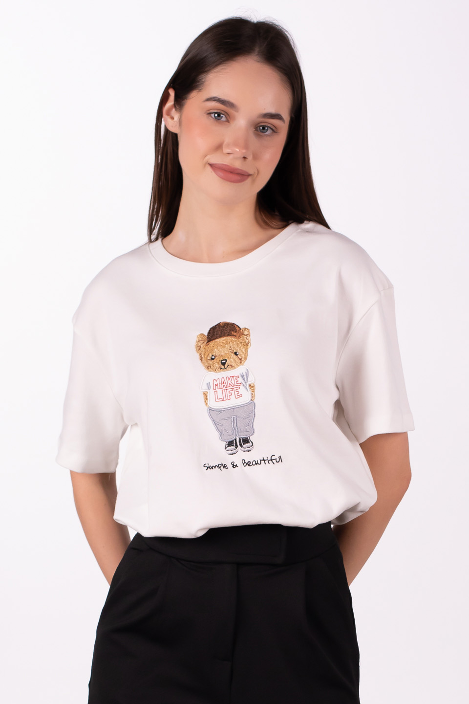 Make life yazılı ayı baskılı t-shirt-3305 Beyaz