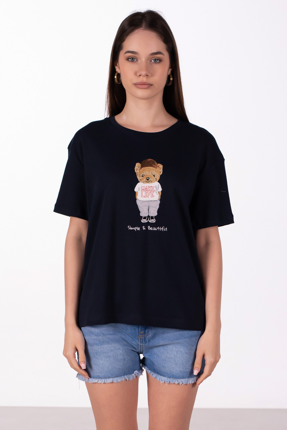 Make life yazılı ayı baskılı t-shirt-3305 Lacivert