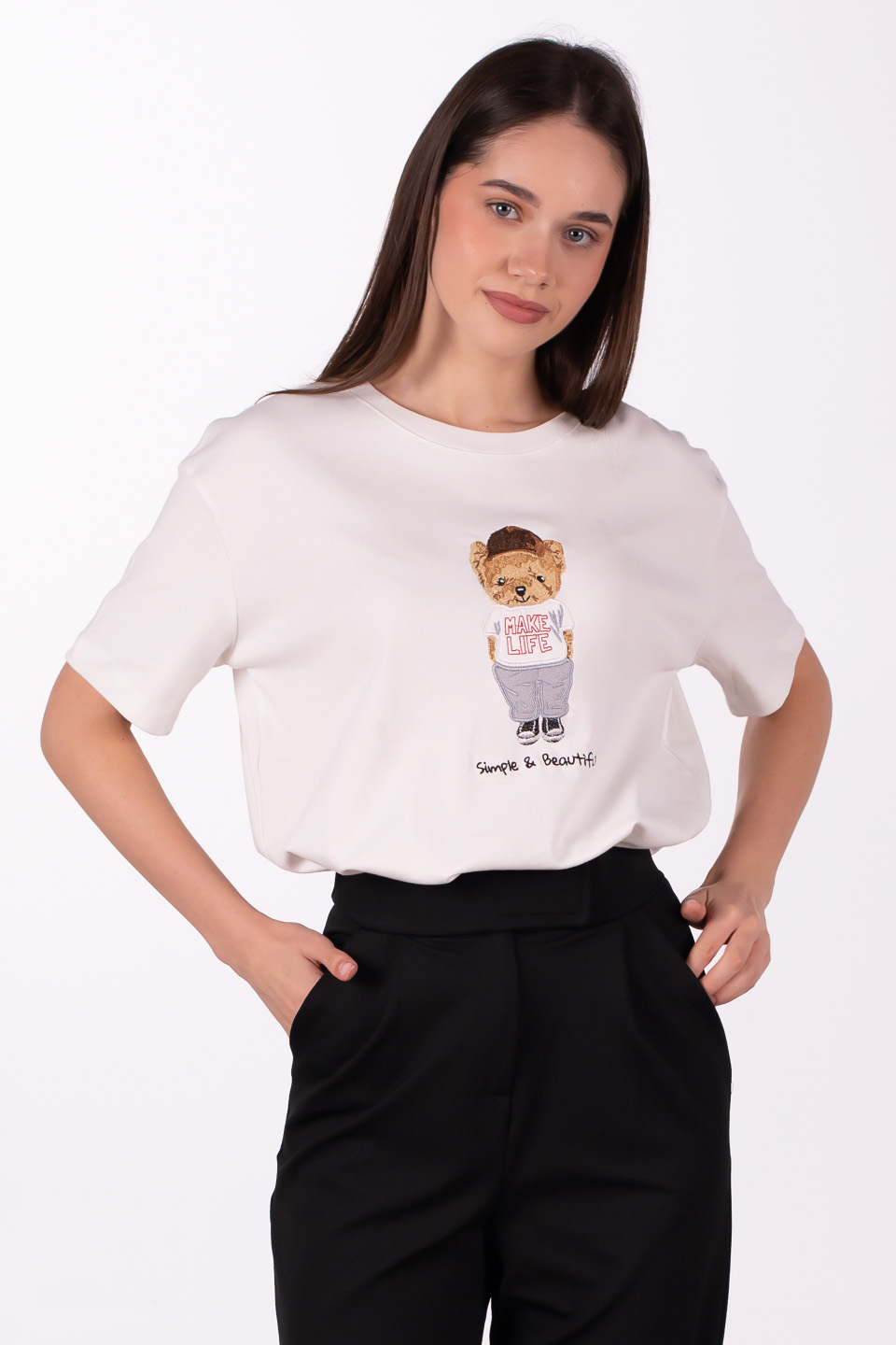 Make life yazılı ayı baskılı t-shirt-3305 Beyaz