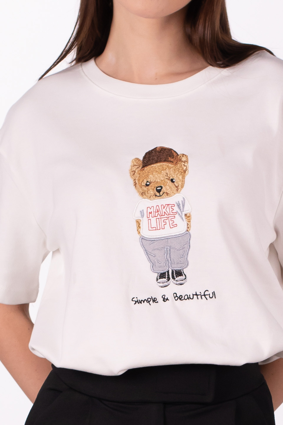 Make life yazılı ayı baskılı t-shirt-3305 Beyaz