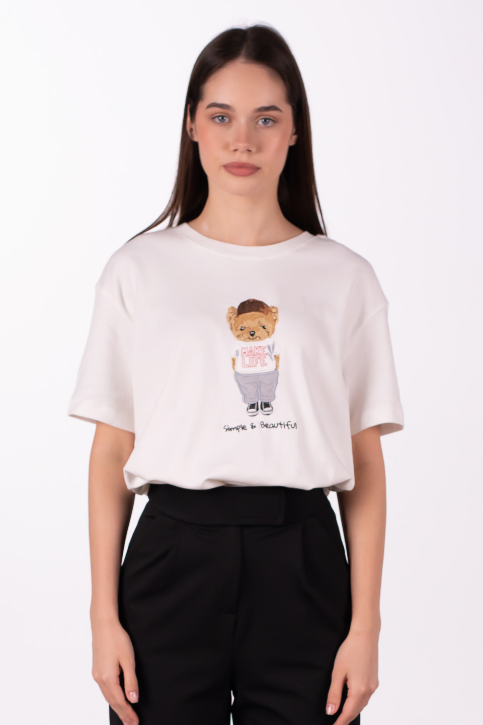 Make life yazılı ayı baskılı t-shirt-3305 Beyaz