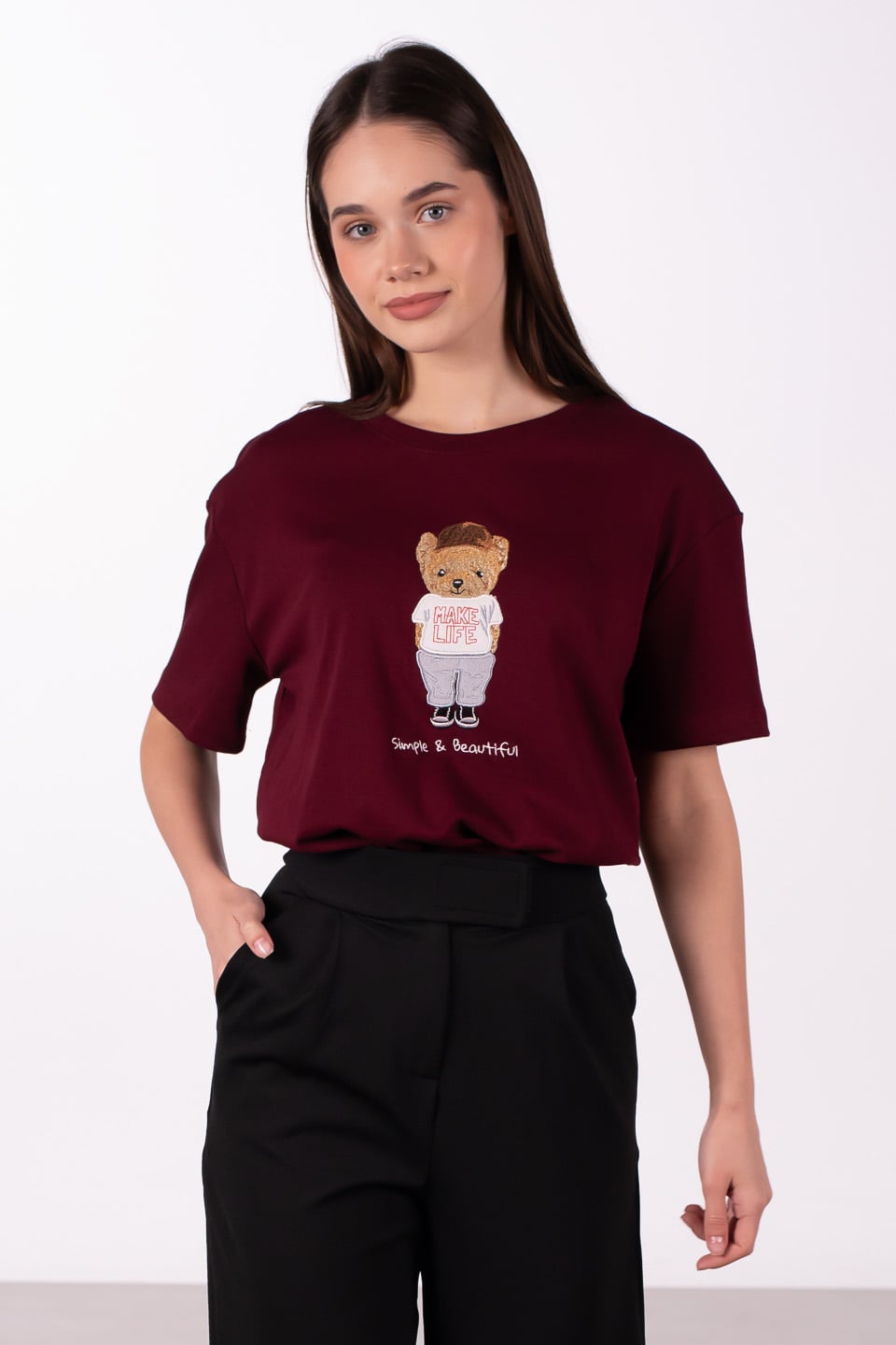 Make life yazılı ayı baskılı t-shirt-3305 Bordo