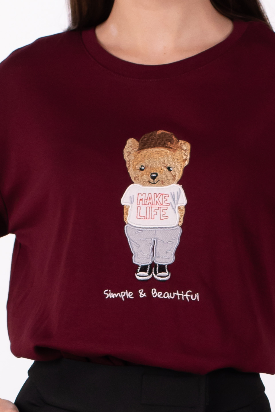 Make life yazılı ayı baskılı t-shirt-3305 Bordo
