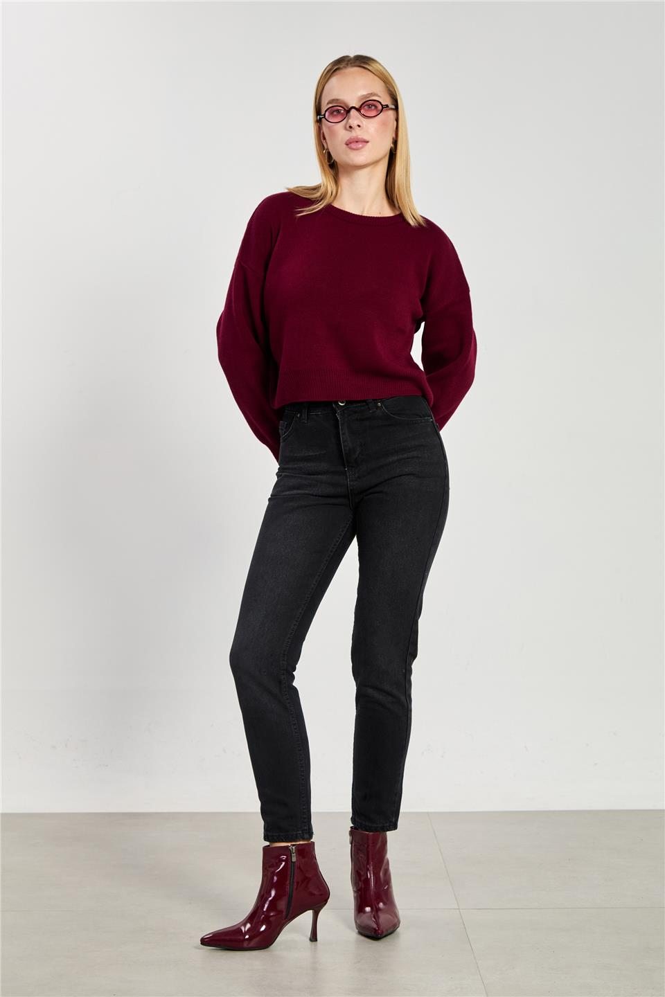 Mom jean pantolon-7022 Taşlanmış Siyah