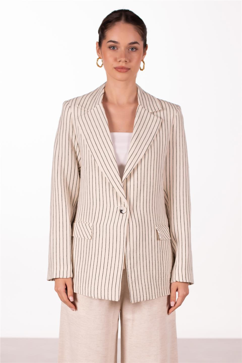 Müslin çizgili blazer ceket-2305 SUMMER Ekru/Siyah