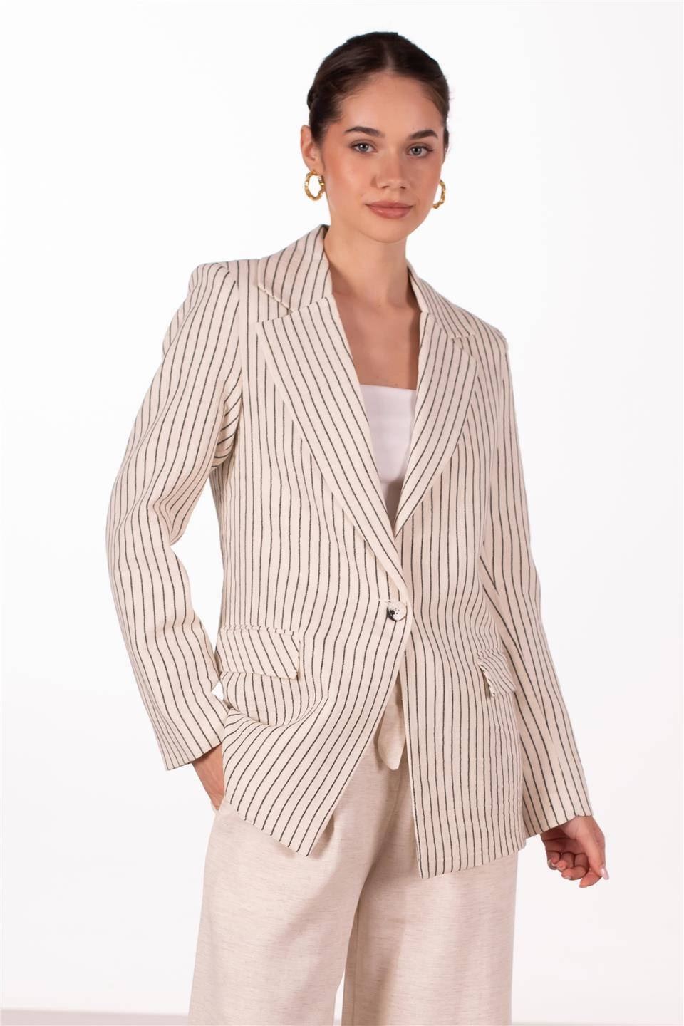 Müslin çizgili blazer ceket-2305 SUMMER Ekru/Siyah