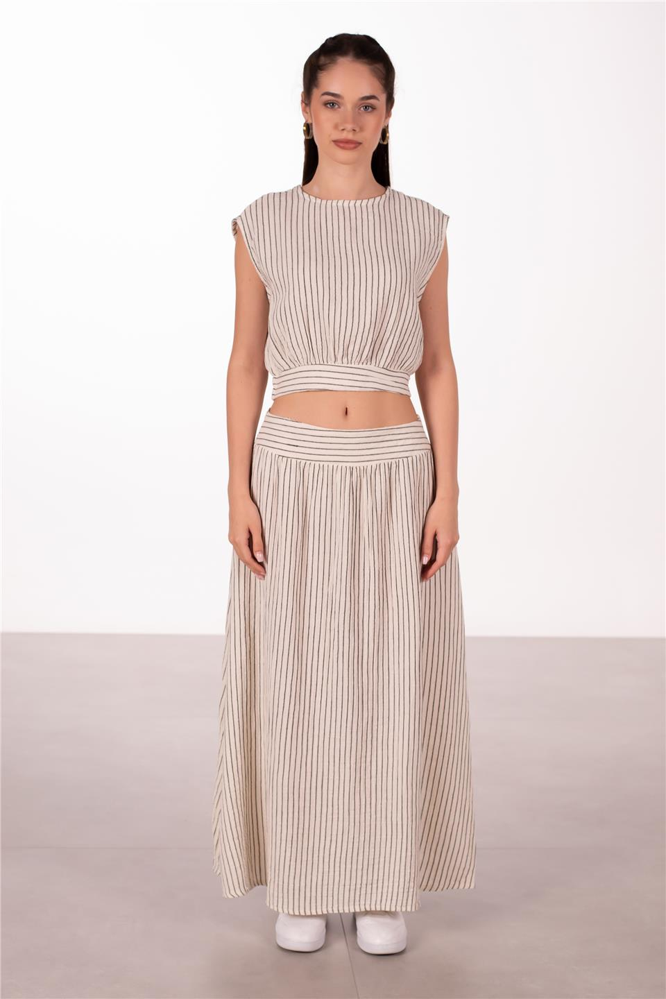 Müslin çizgili uzun etek-2304 SUMMER Ekru/Siyah
