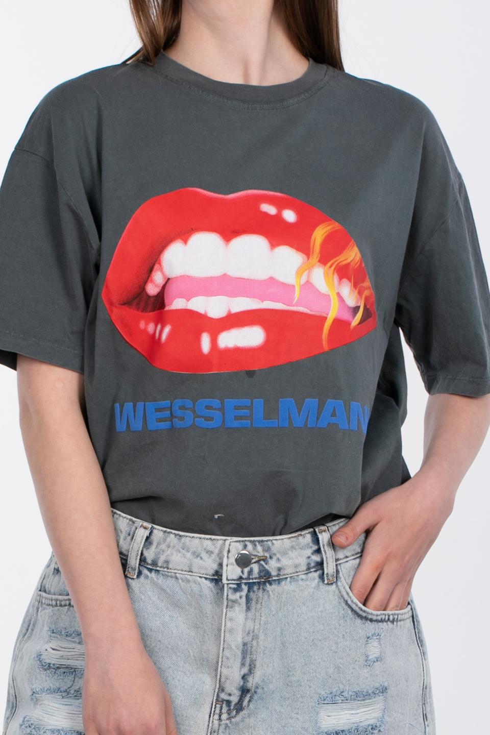 Ön arka baskılı yıkamalı t-shirt-5002 Antrasit 