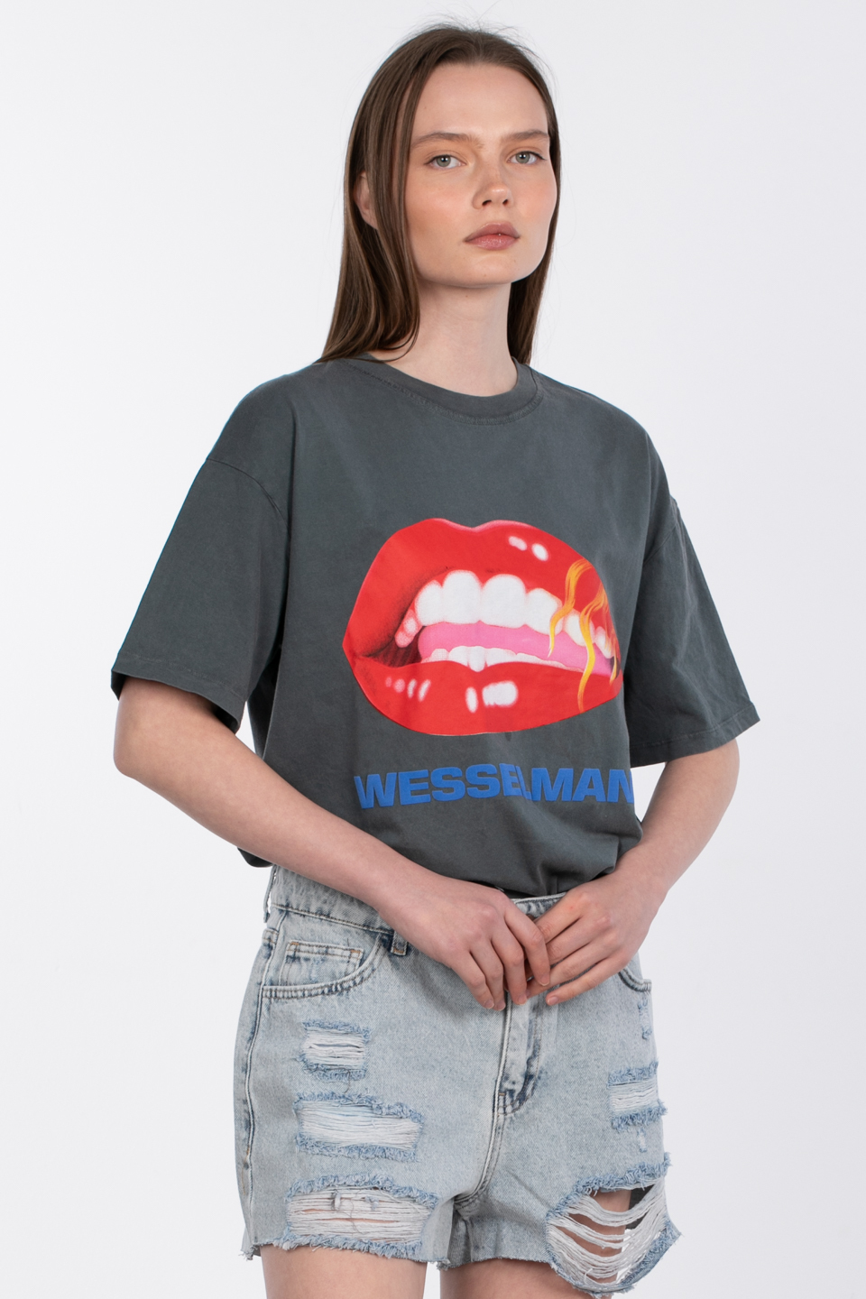 Ön arka baskılı yıkamalı t-shirt-5002 Antrasit 