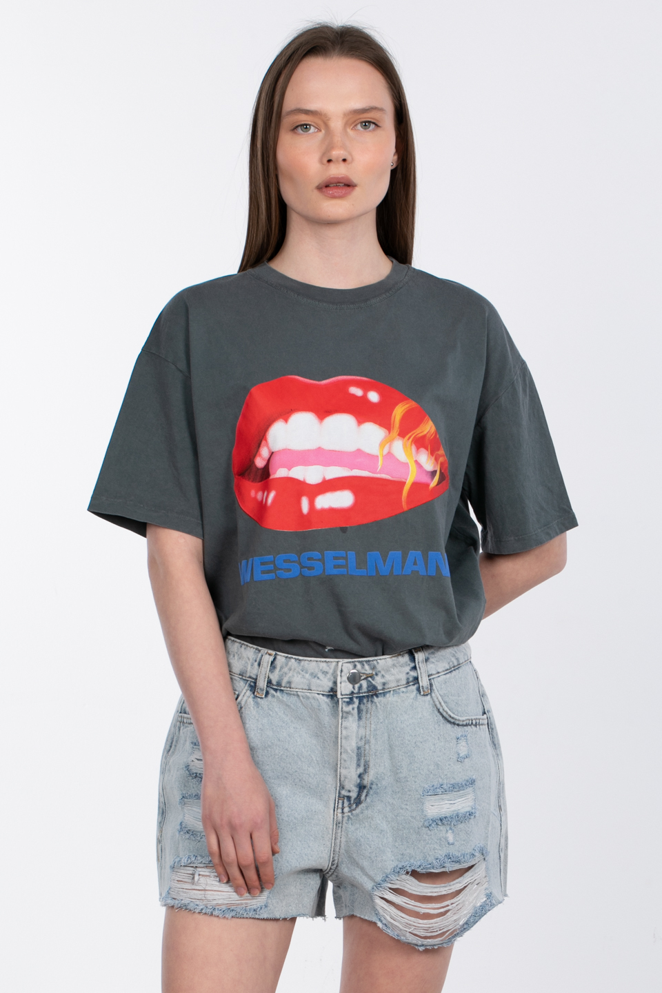 Ön arka baskılı yıkamalı t-shirt-5002 Antrasit 