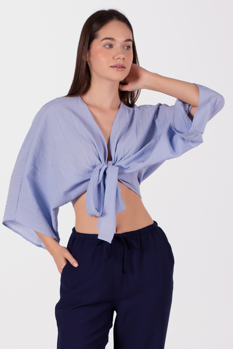 Önü bağlamalı yarasa kol bluz-6831-1 Bebe Mavi