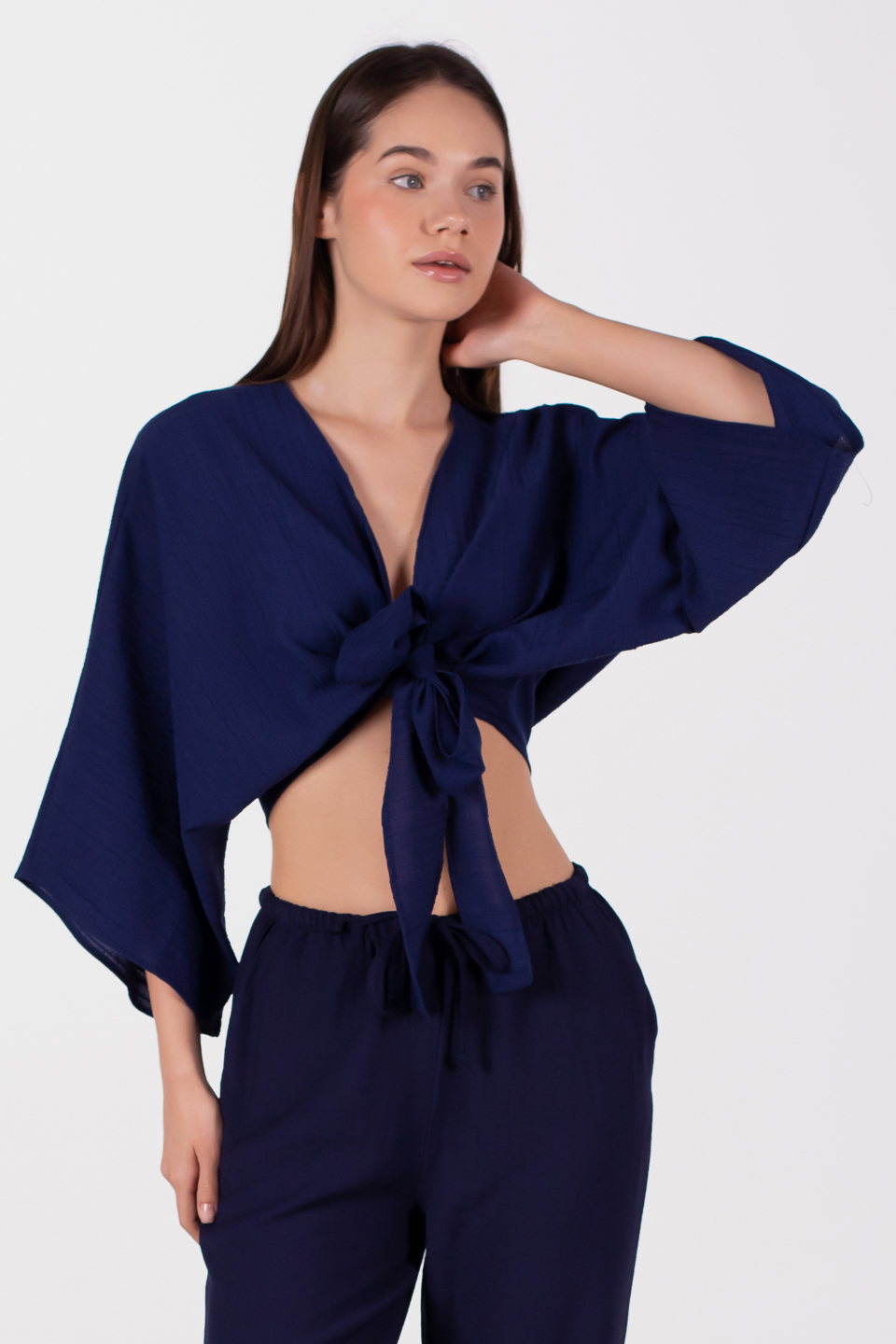 Önü bağlamalı yarasa kol bluz-6831-1 Lacivert