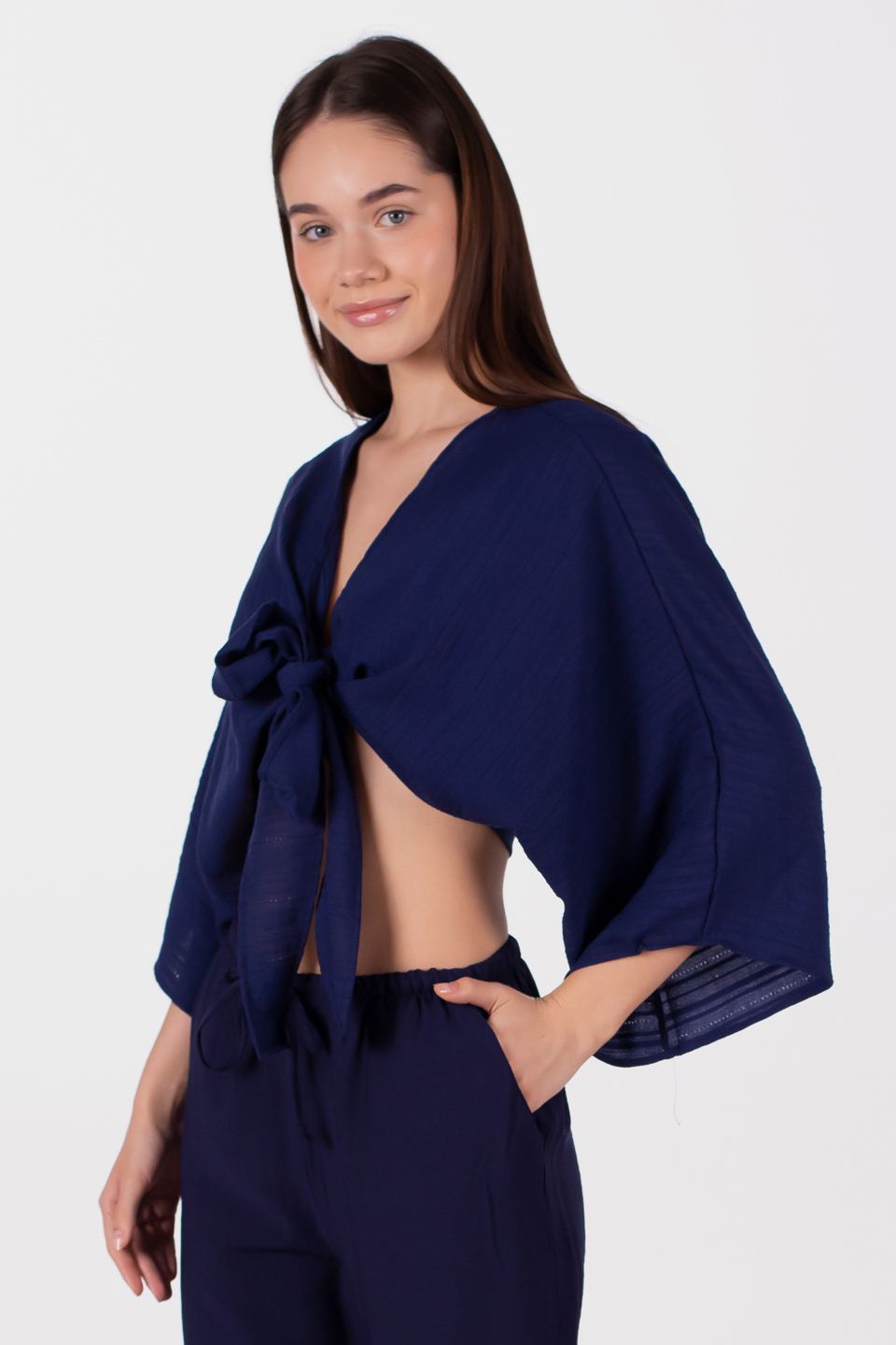 Önü bağlamalı yarasa kol bluz-6831-1 Lacivert