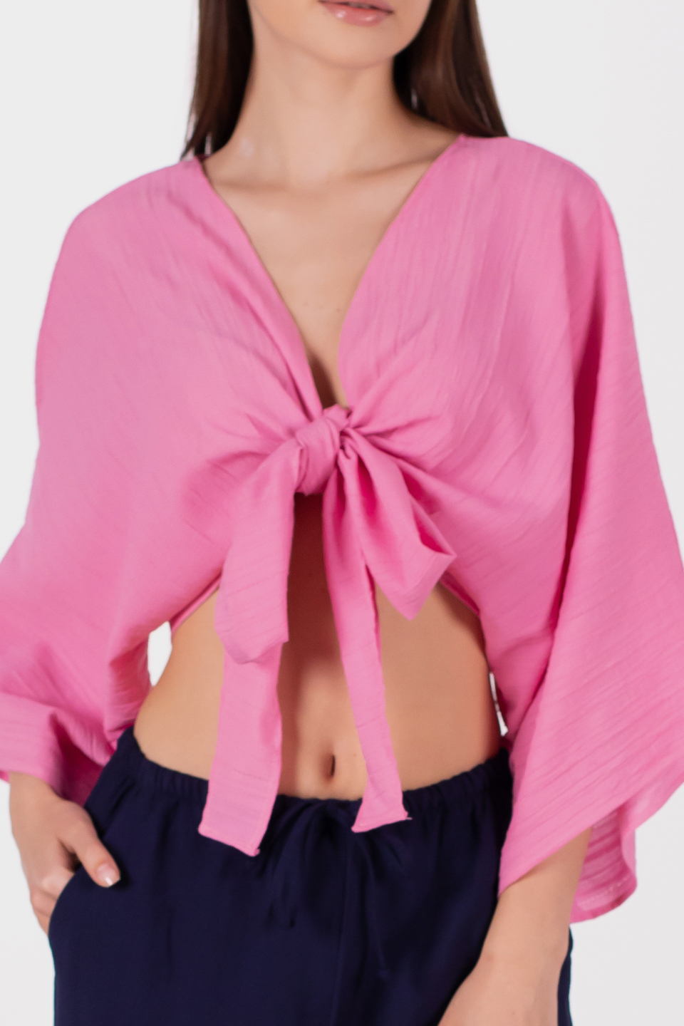 Önü bağlamalı yarasa kol bluz-6831-1 Pembe