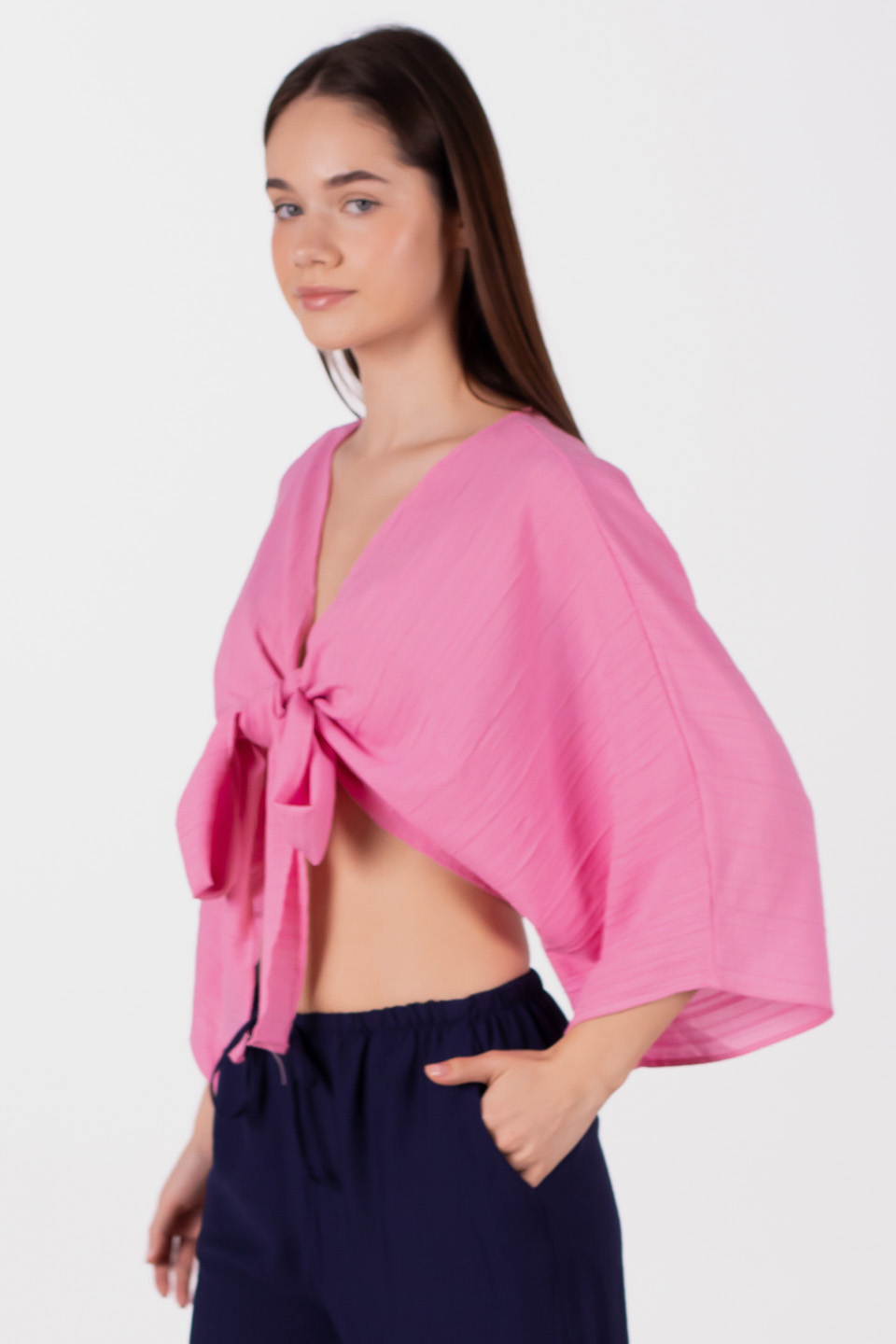 Önü bağlamalı yarasa kol bluz-6831-1 Pembe