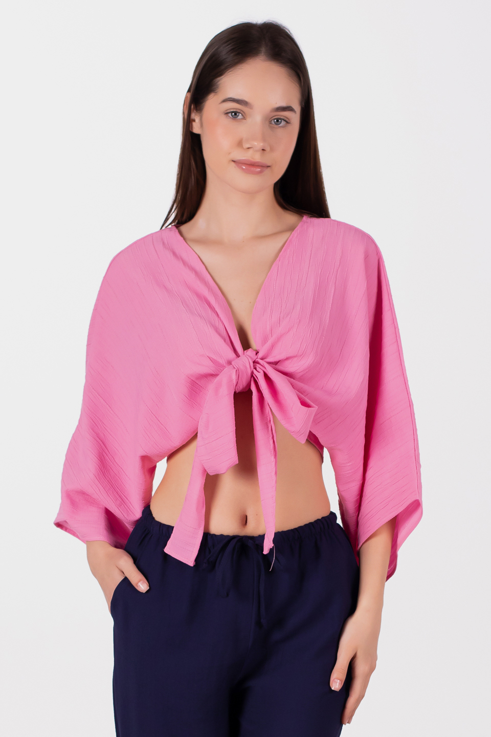 Önü bağlamalı yarasa kol bluz-6831-1 Pembe
