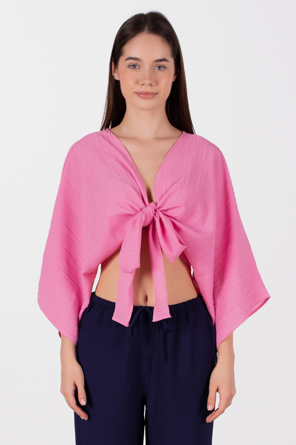 Önü bağlamalı yarasa kol bluz-6831-1 Pembe
