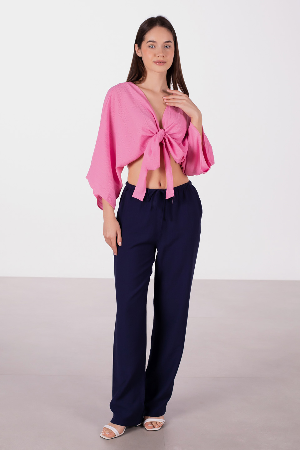 Önü bağlamalı yarasa kol bluz-6831-1 Pembe