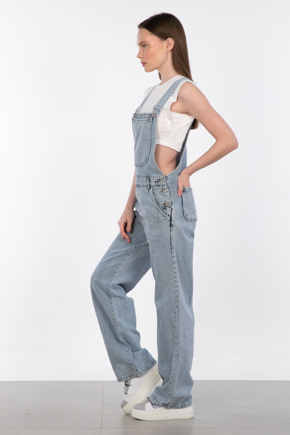 Önü cepli denim salopet-1038 Mavi Kar Y.