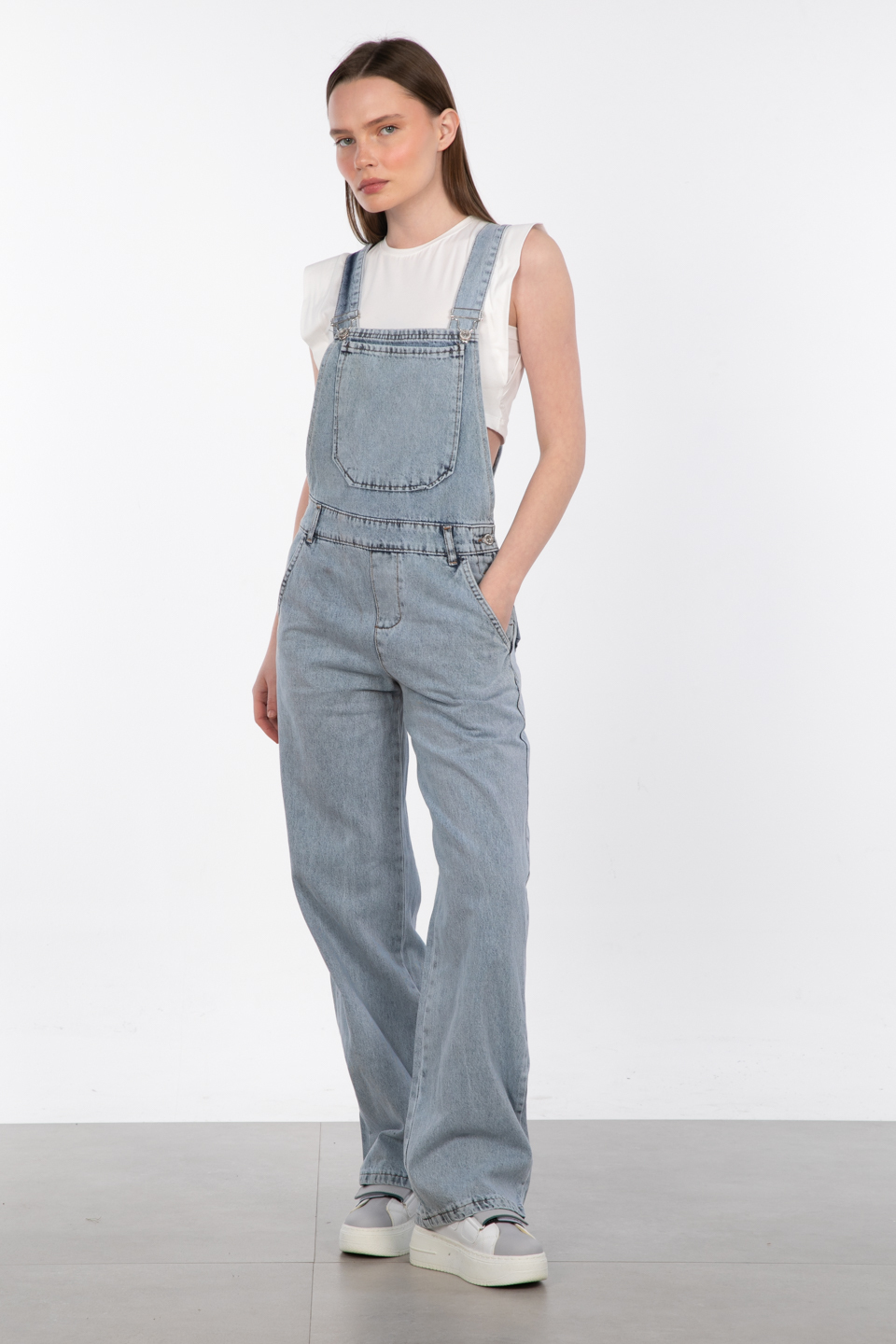 Önü cepli denim salopet-1038 Mavi Kar Y.