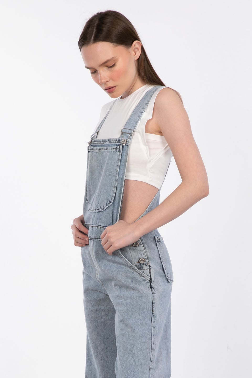 Önü cepli denim salopet-1038 Mavi Kar Y.