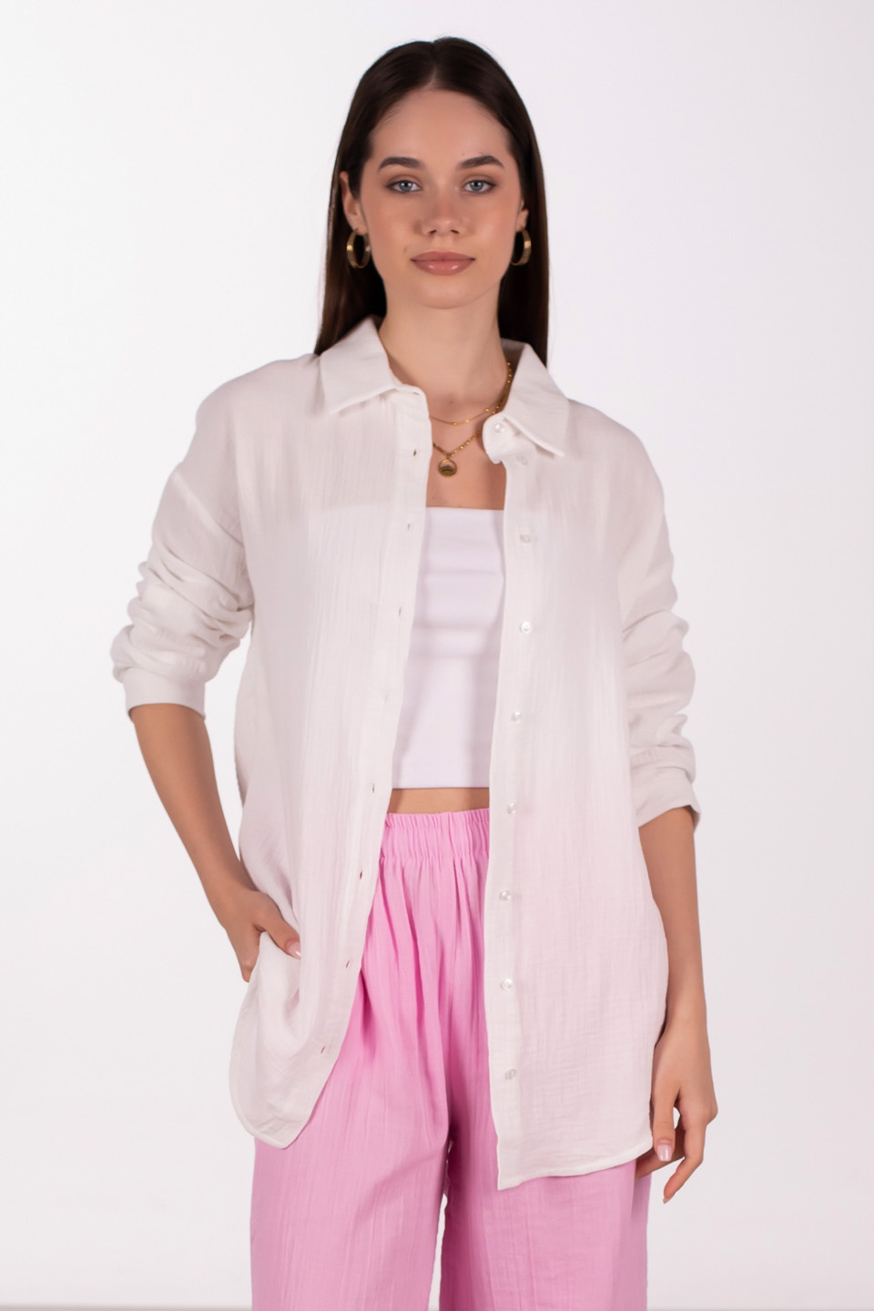 Oversize pamuklu gömlek-4806 Beyaz