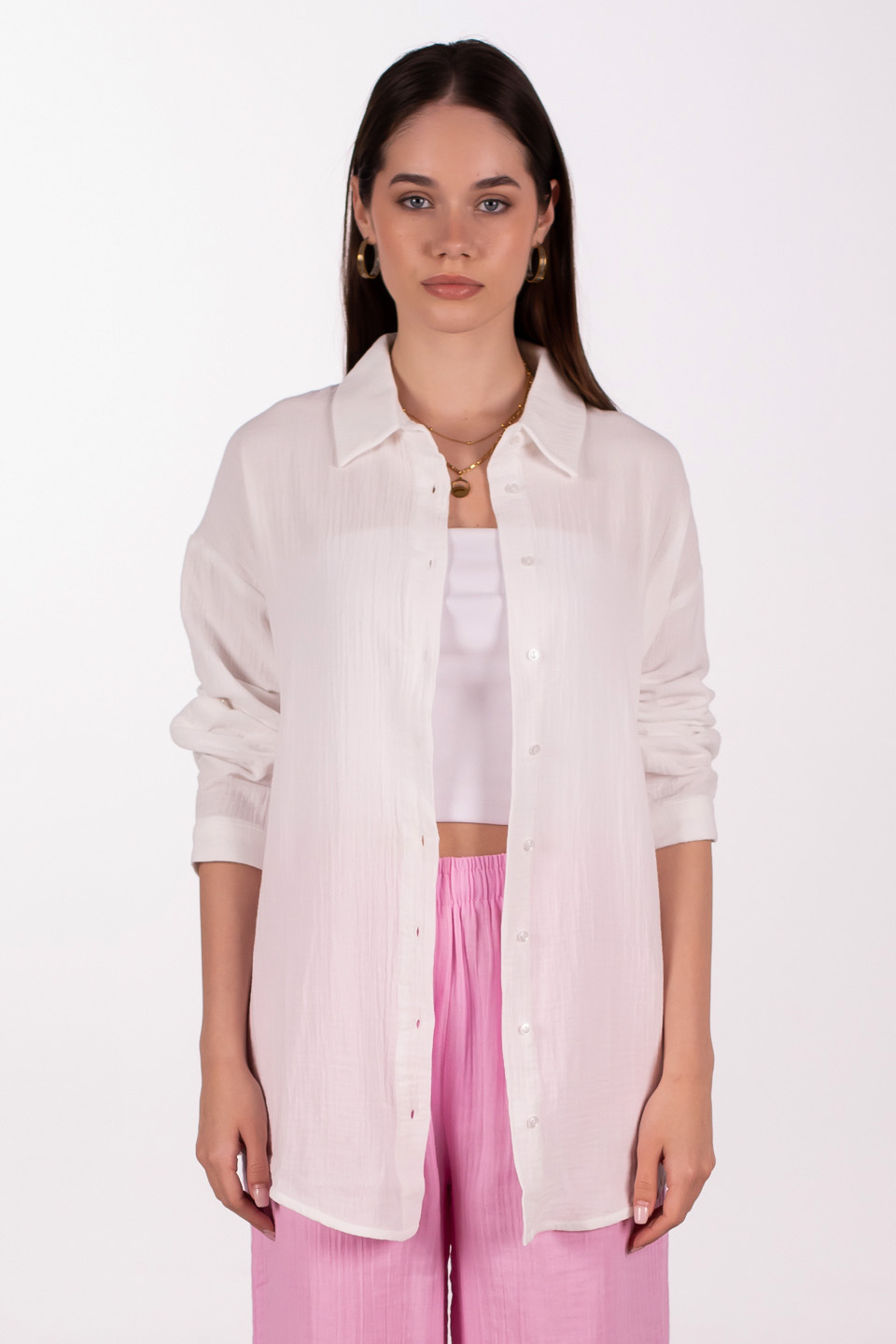 Oversize pamuklu gömlek-4806 Beyaz