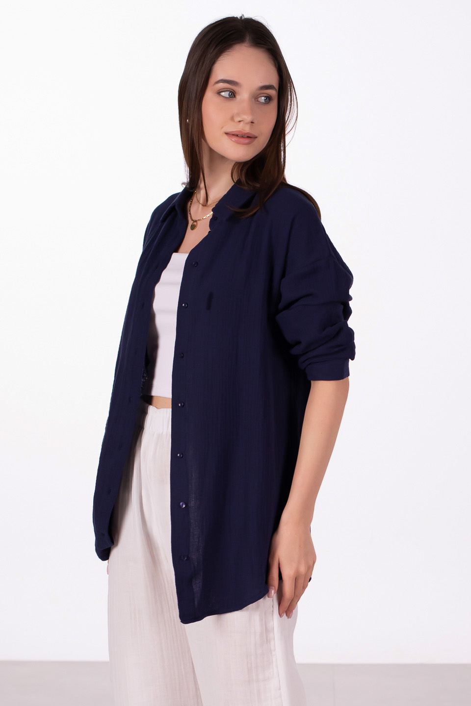 Oversize pamuklu gömlek-4806 Lacivert