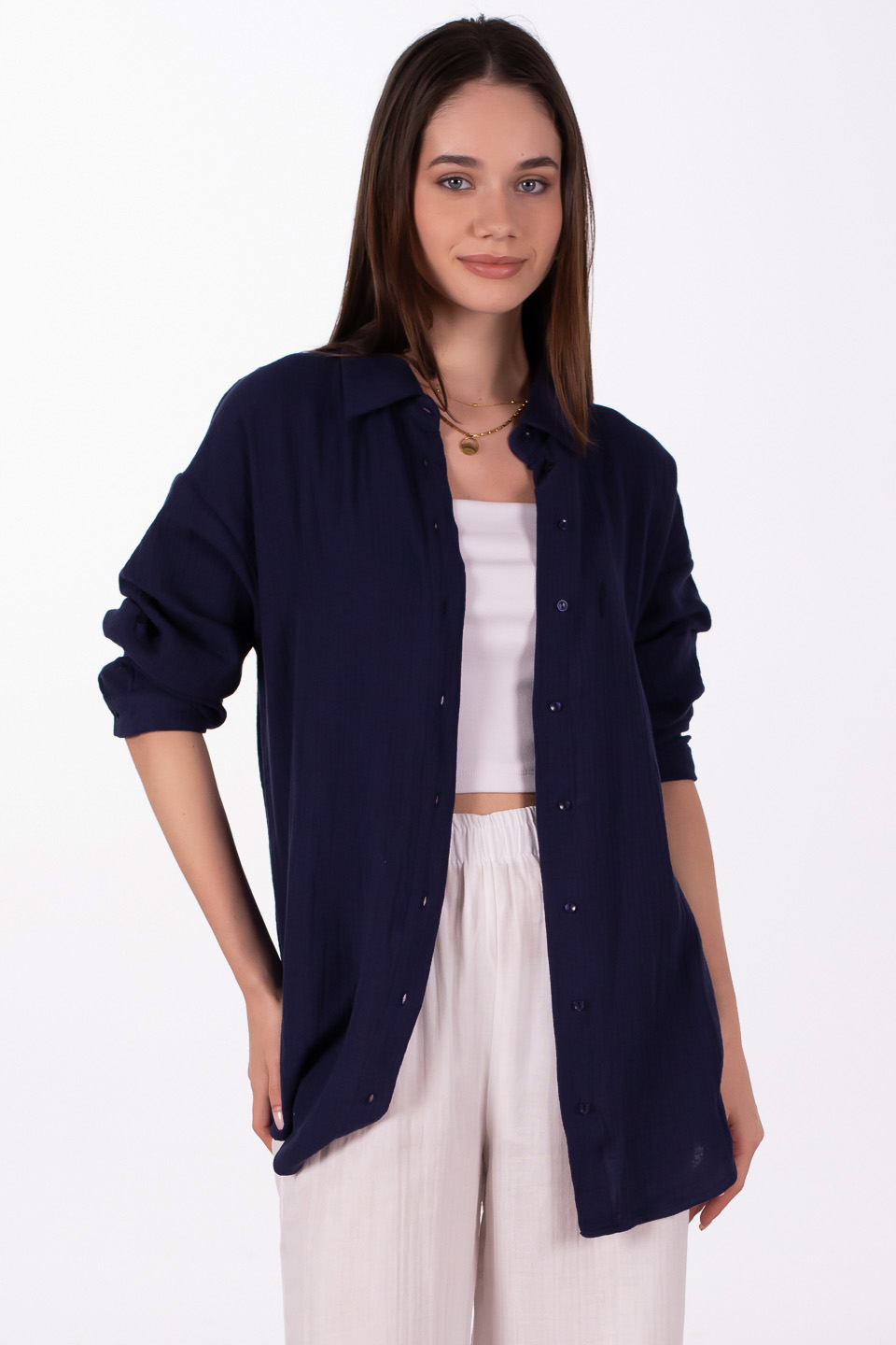 Oversize pamuklu gömlek-4806 Lacivert