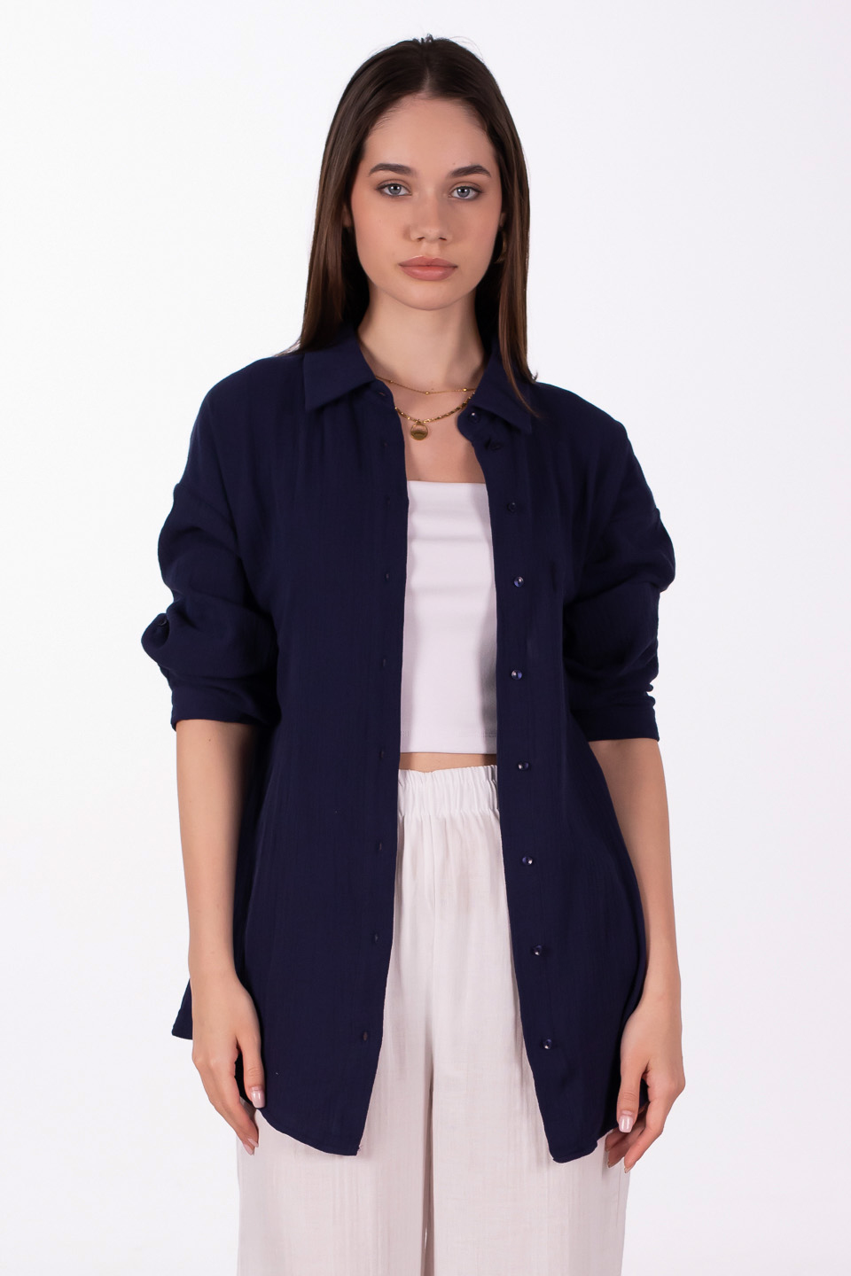 Oversize pamuklu gömlek-4806 Lacivert