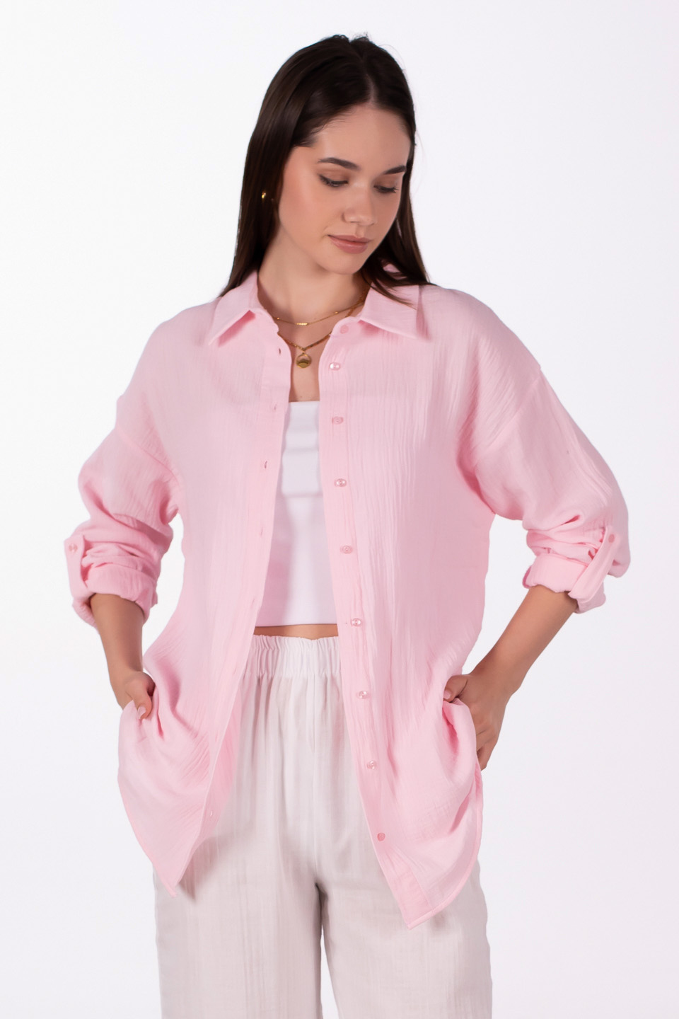 Oversize pamuklu gömlek-4806 Pembe